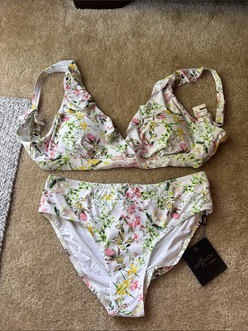 Nip Tuck Floral Bikini Set - White with Pink & Green Floral Print
